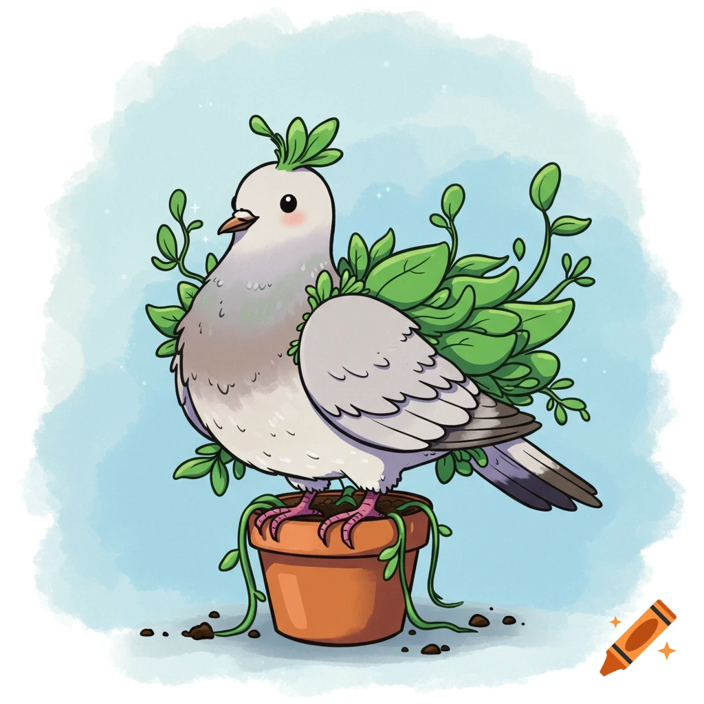 An illustration of a cute pigeon covered in leaves, sitting on a plant pot.
