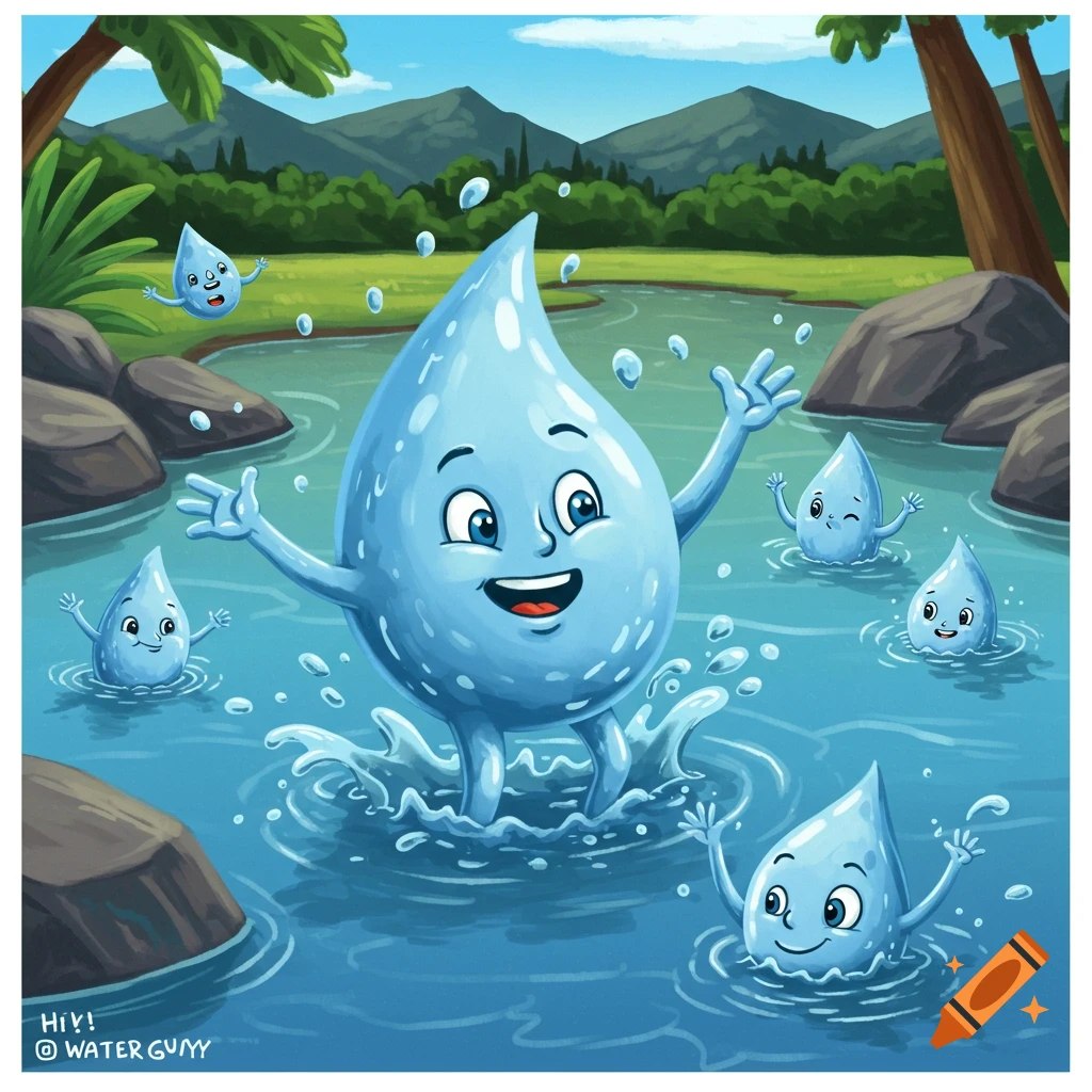 Cartoon illustration of cheerful water drops splashing in a pond with mountains and trees in the background.