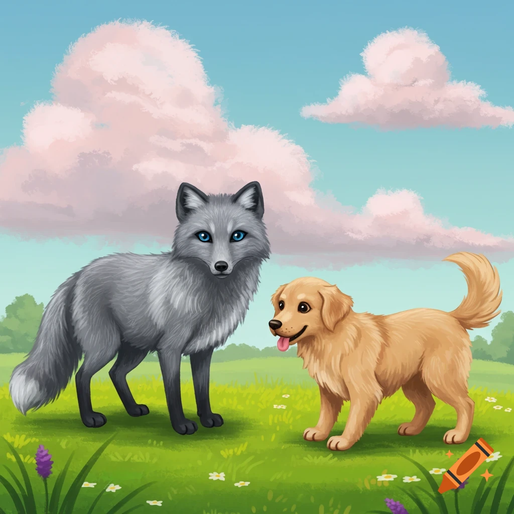 A grey fox and a golden retriever dog stand in a grassy field under a cloudy sky.