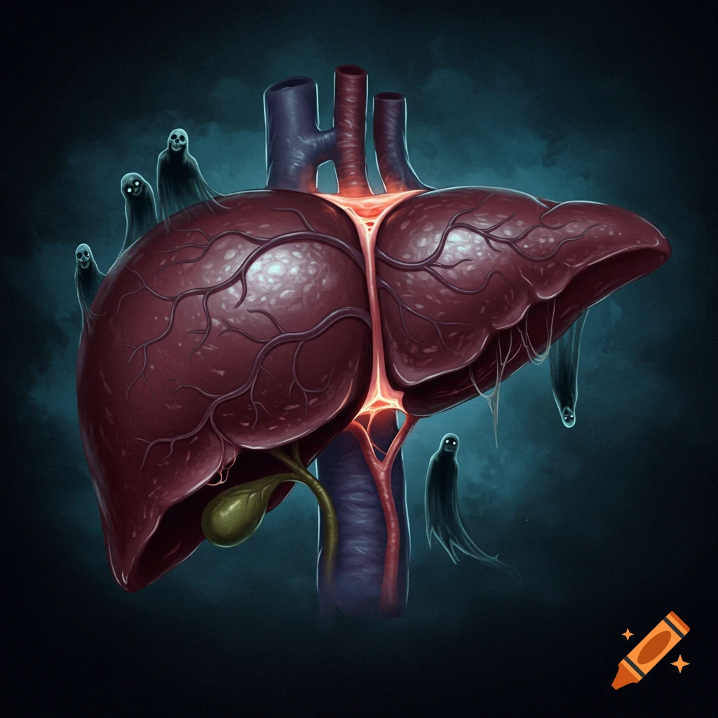 A haunted human liver is surrounded by spooky ghosts.