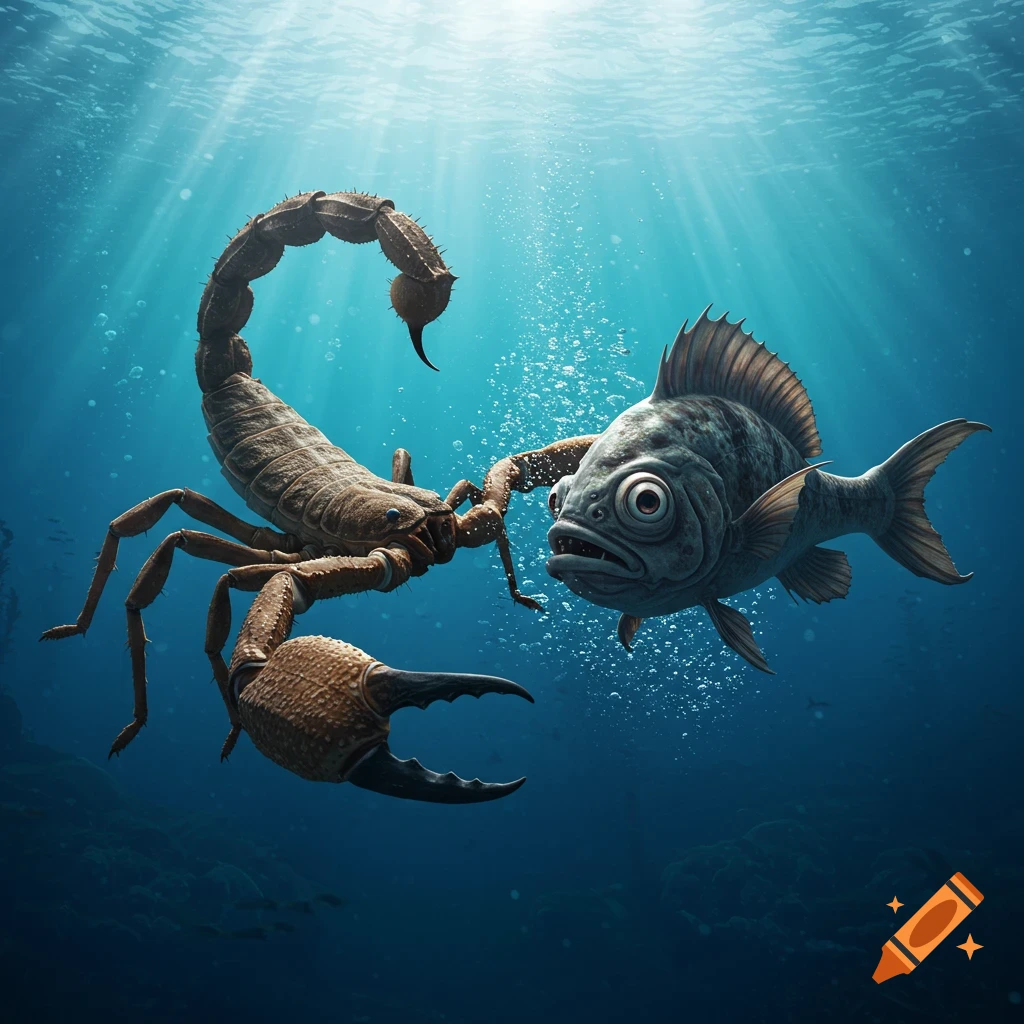 A giant scorpion chases an ugly fish underwater in a CGI promotional still.