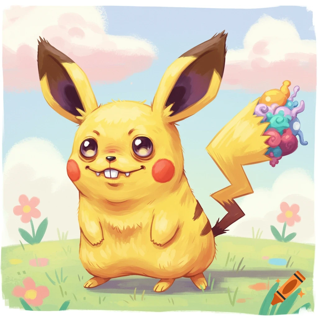 A cute, whimsical yellow creature resembling Pikachu with big ears and a bizarre tail, standing in a field with flowers and clouds.