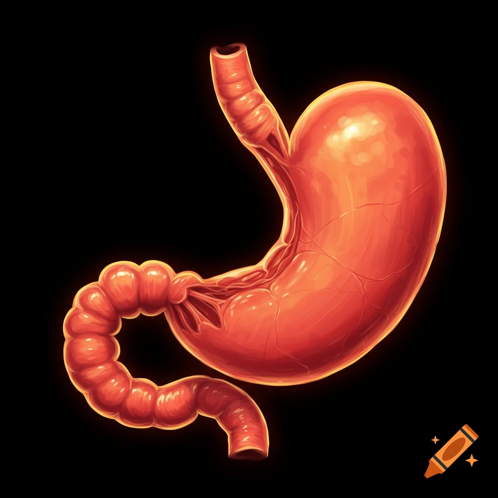 A human stomach and small intestine on a black background.