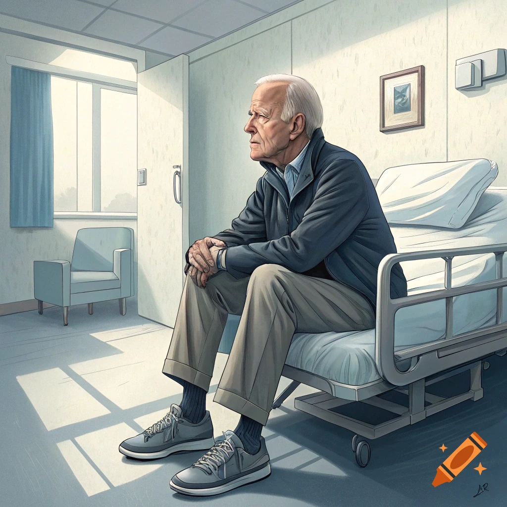 An illustration of an elderly man sitting on a hospital bed looking out the window.