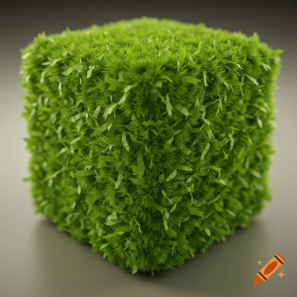 A detailed close-up of a cube covered in realistic green grass, resembling a Minecraft block.