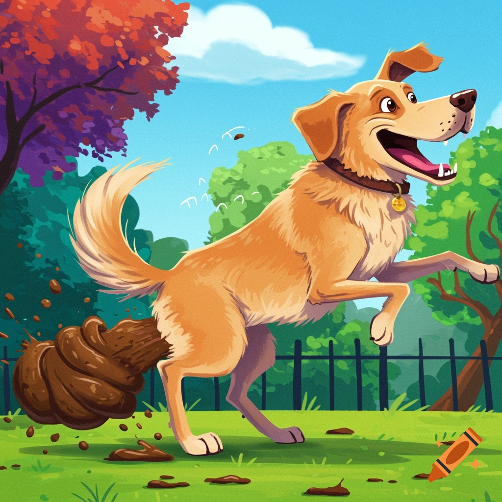 A vibrant cartoon illustration of a golden retriever dog pooping a large pile in a park.