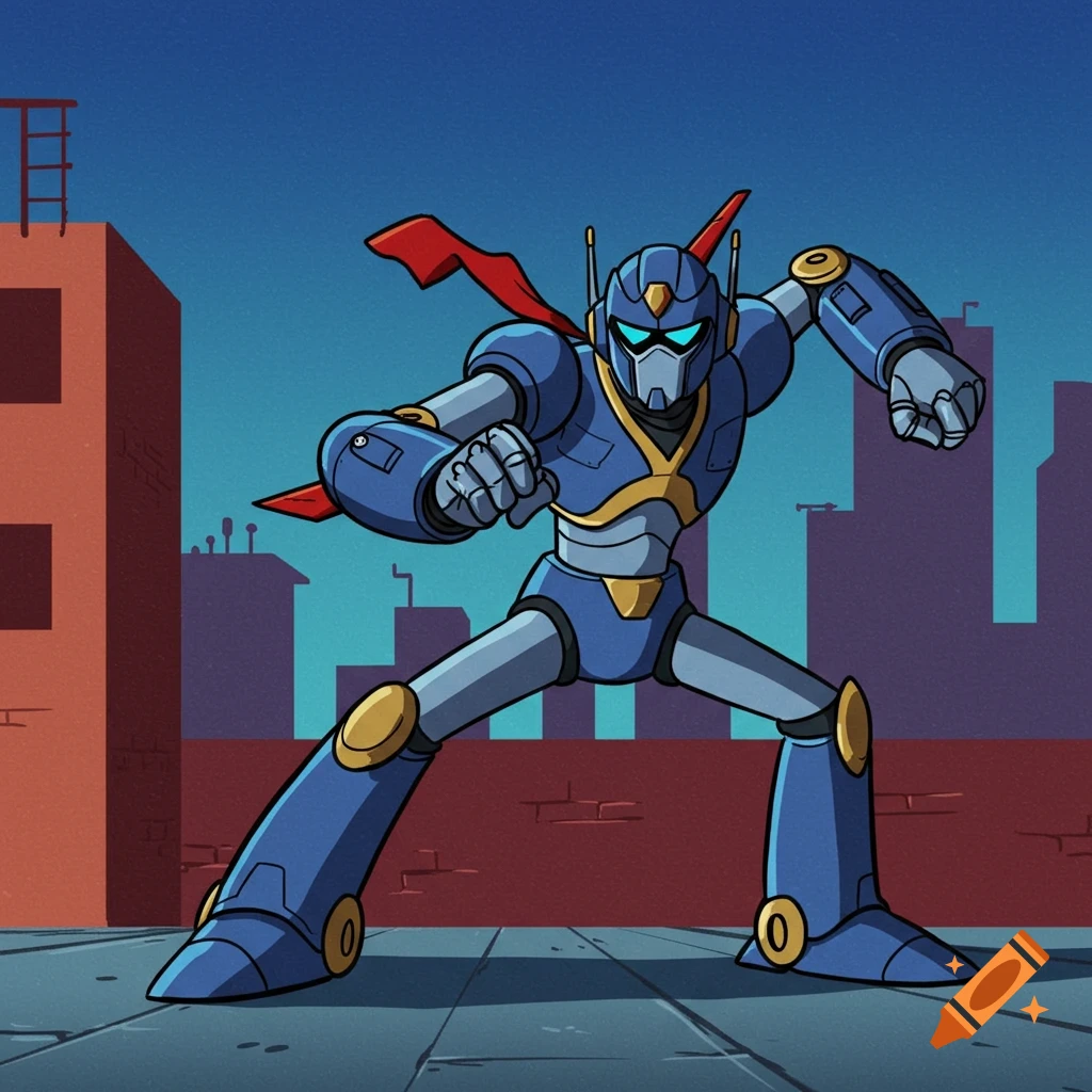 A blue and gray robot with a red cape stands on a rooftop in a dynamic pose, with a city skyline behind it, in a cartoon style.