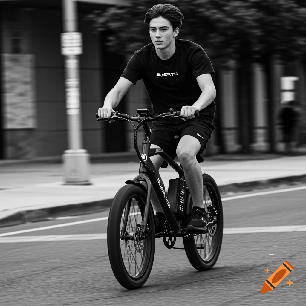 A young man rides a Super 73 electric bike down a city street in a black and white photo.