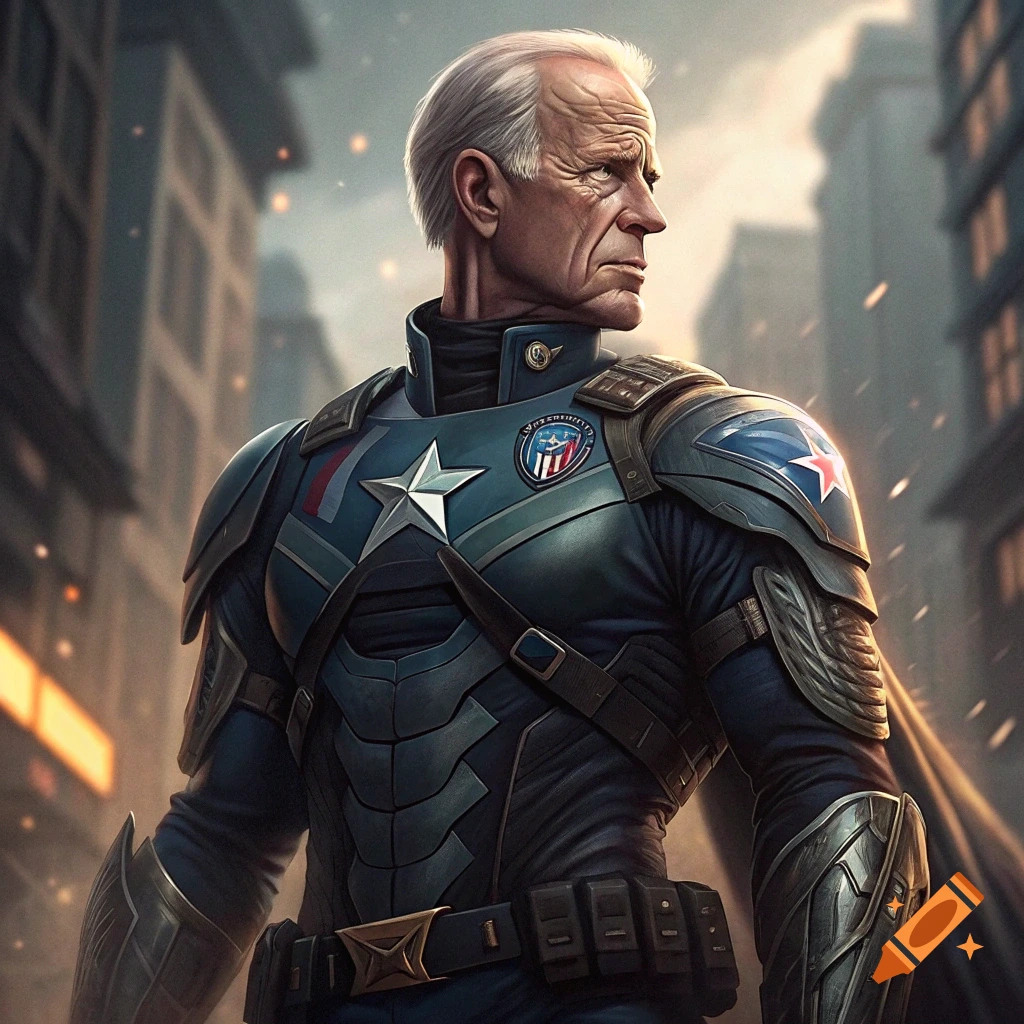 Realistic portrait of Joe Biden in a Captain America-style superhero costume in a city.