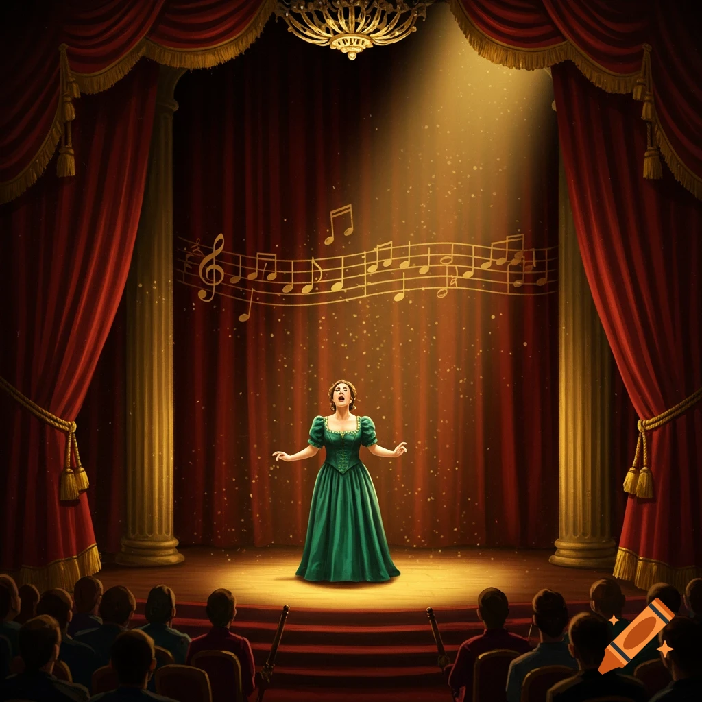 An opera singer in a green gown performs on a stage under a spotlight, with musical notes floating above.
