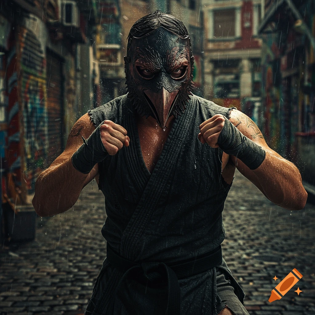 A person in a black raven mask and fighting stance stands in a rainy street alley.