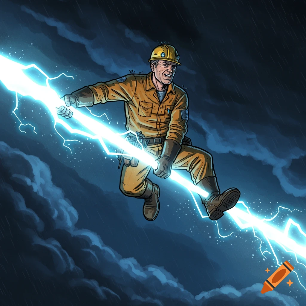 An electrician rides a bolt of lightning through a stormy sky.