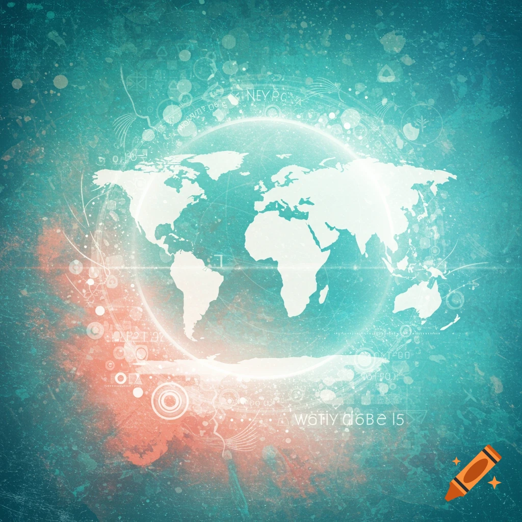Stylized world map with abstract digital elements on a textured blue and coral background.
