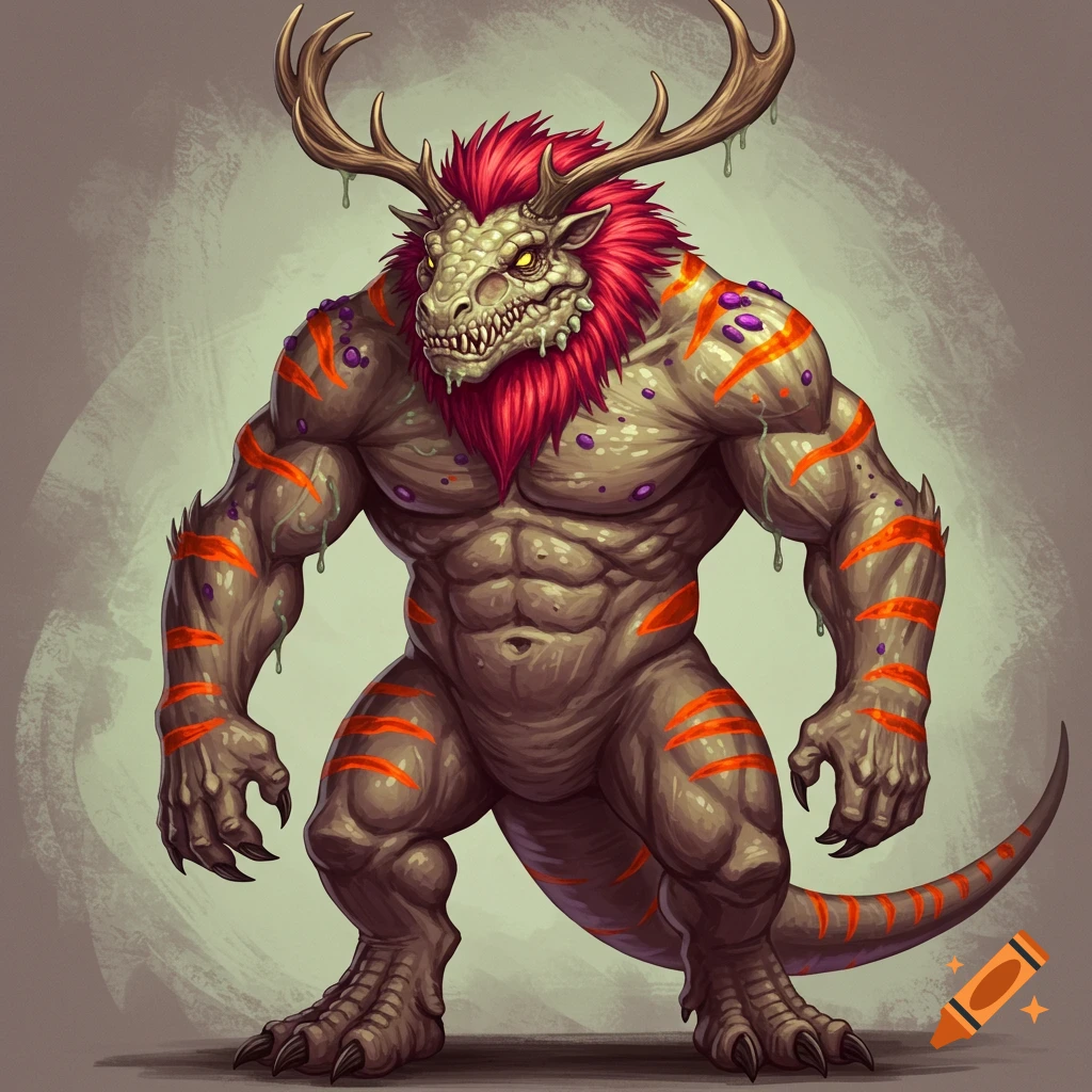 A muscular reptilian monster with antlers, a red mane, purple spots, and orange stripes.