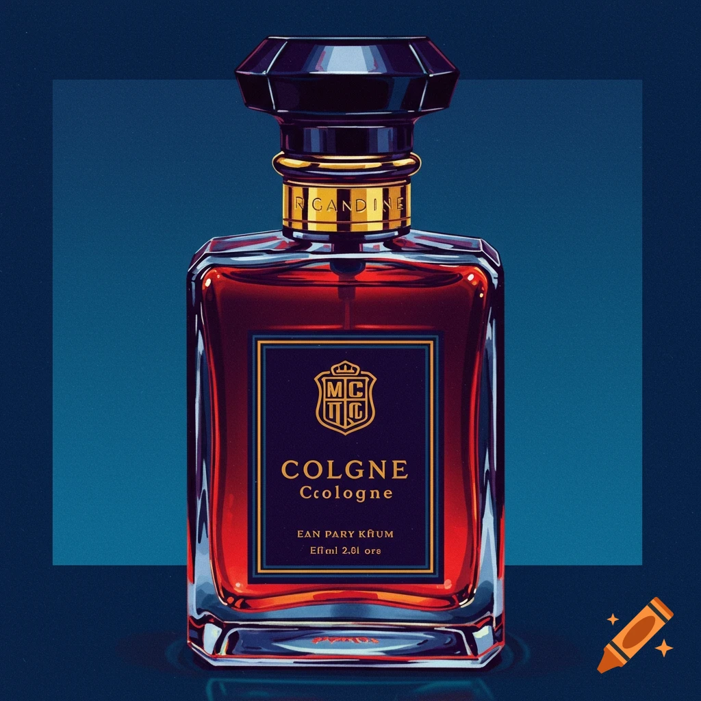 A dark red cologne bottle with a navy label against a dark blue background.