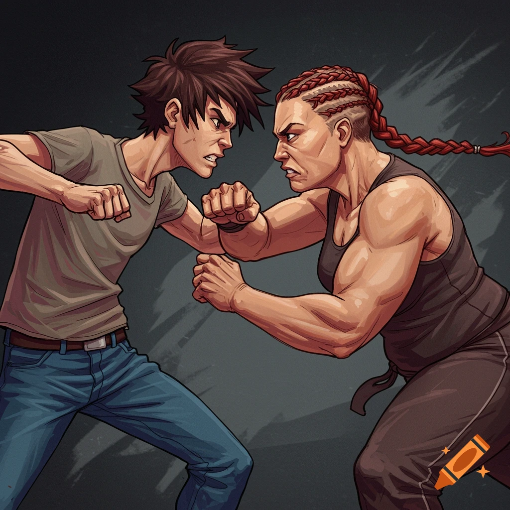 Digital comic art of a young man and a woman facing each other in a fighting stance.