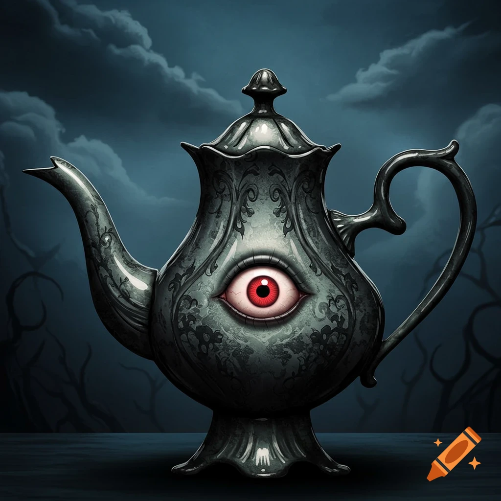 Victorian teapot with a single red eye in a dark, moody setting.
