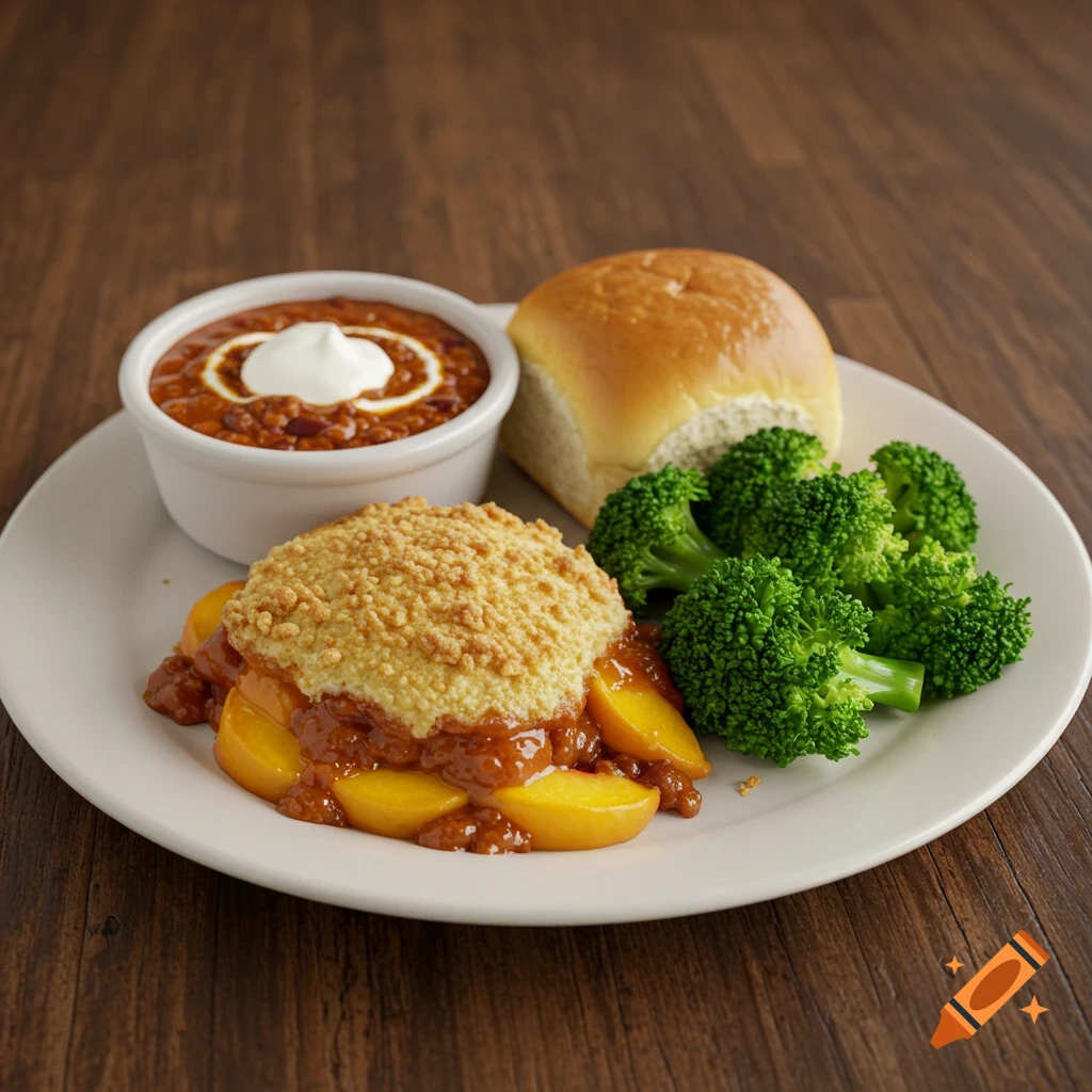 A plate with peach cobbler, chili, a dinner roll, and broccoli.