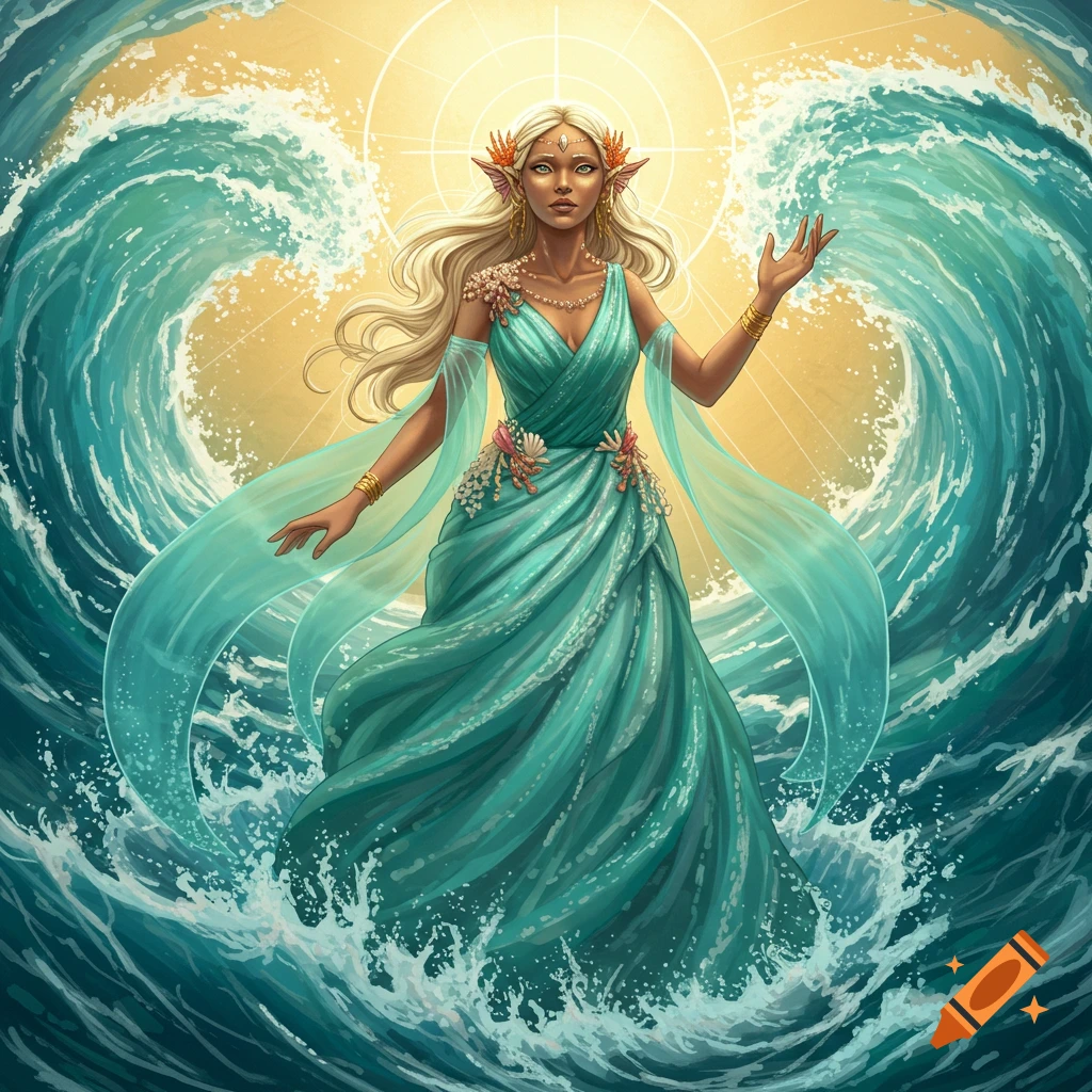A blonde goddess in a teal dress stands amidst large waves under a glowing sun.