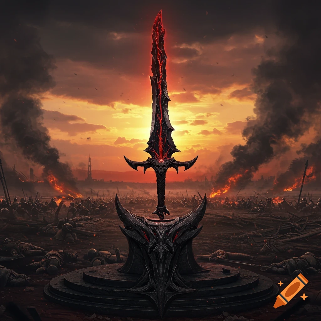 A dark fantasy sword on a pedestal in a battlefield with dead soldiers, fire, and smoke at sunset.