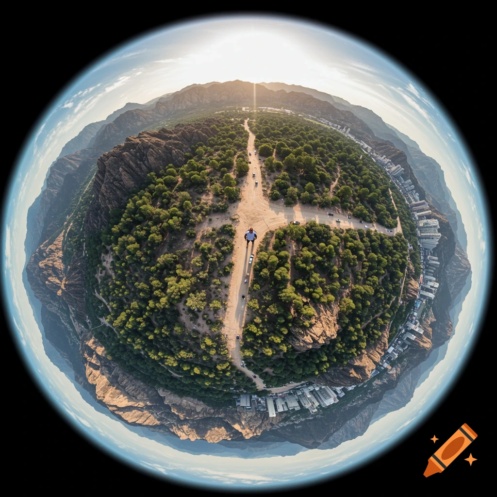 Spherical panoramic view of a person walking on a road through a landscape with trees, mountains, and buildings.