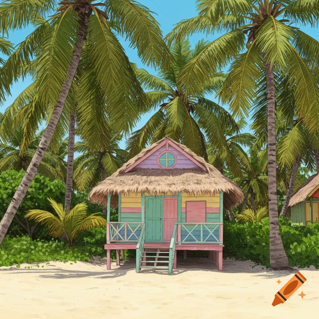 Colorful beach hut under palm trees