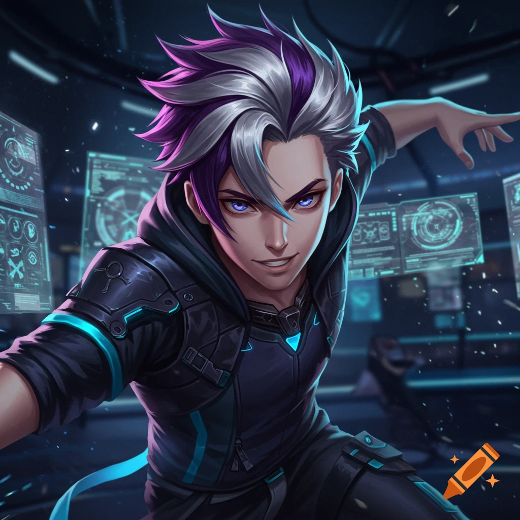 Anime character with purple and grey hair in futuristic gear in a high-tech room.