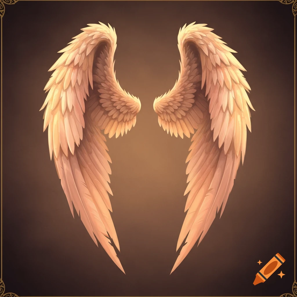 A pair of light brown feathered angel wings