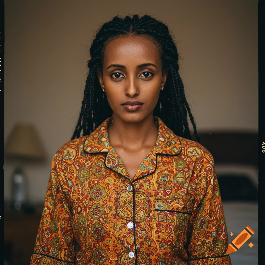Close-up photorealistic portrait of a woman with braided hair wearing a patterned pajama top.