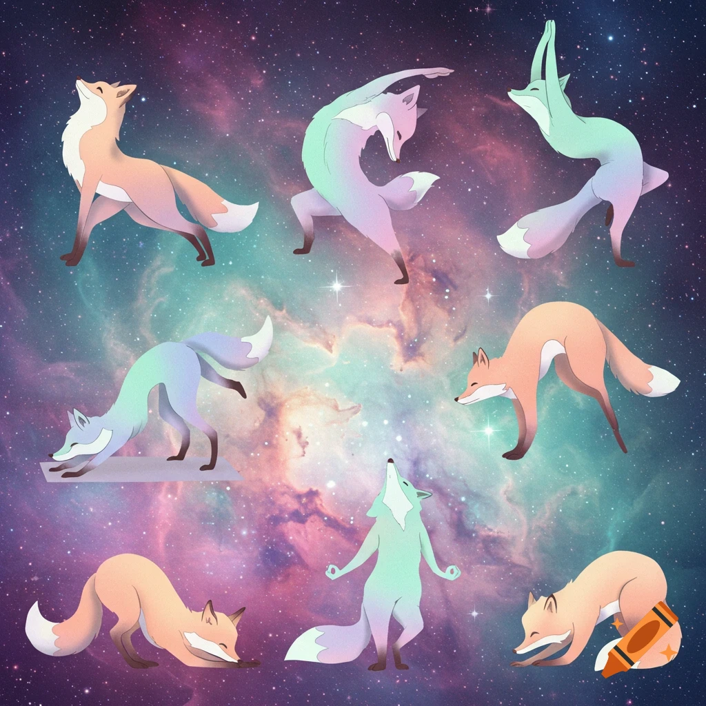 Abstract illustration of colorful foxes doing yoga poses in a galaxy background.