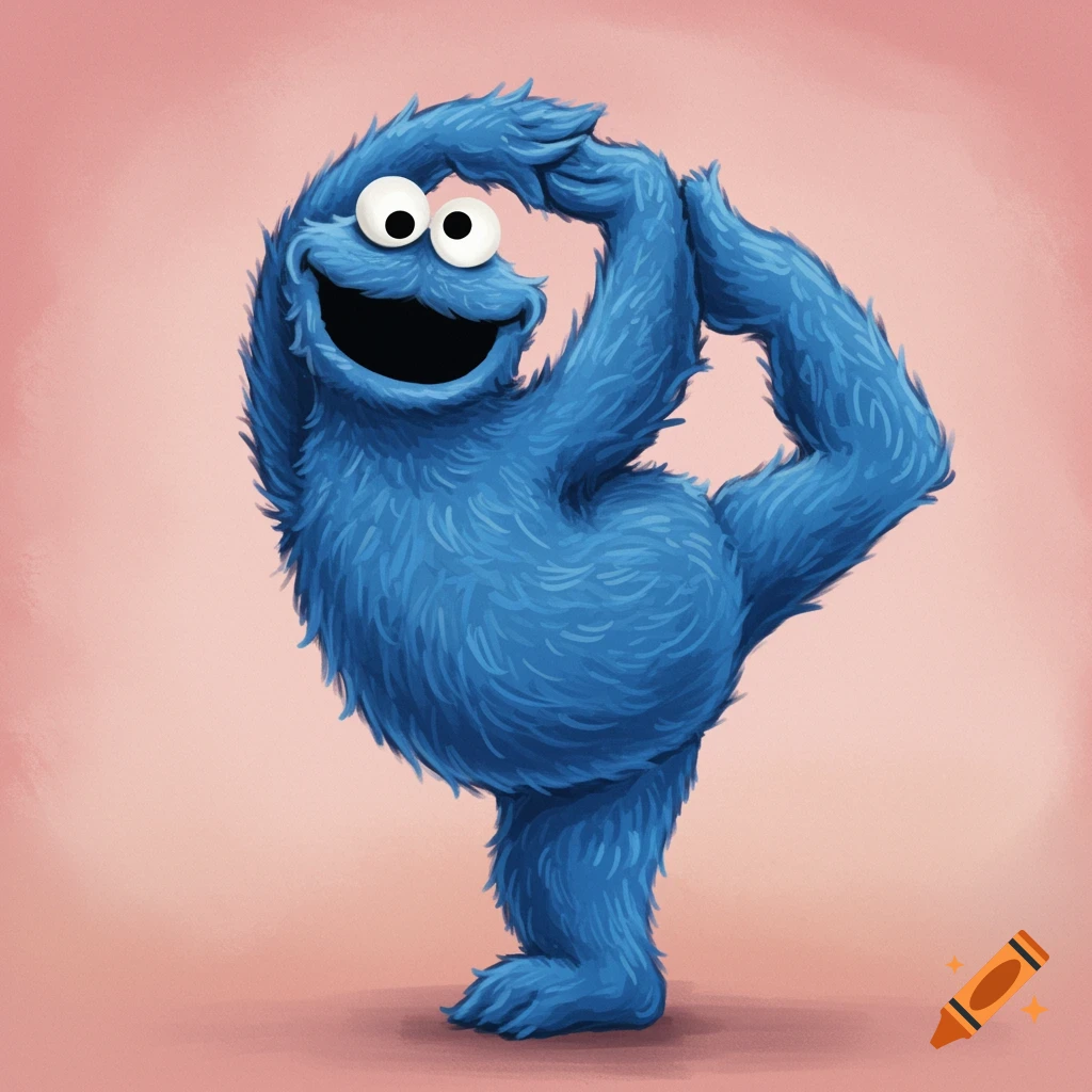 Cookie Monster does a yoga pose on one leg in a painterly digital art style against a pink background.
