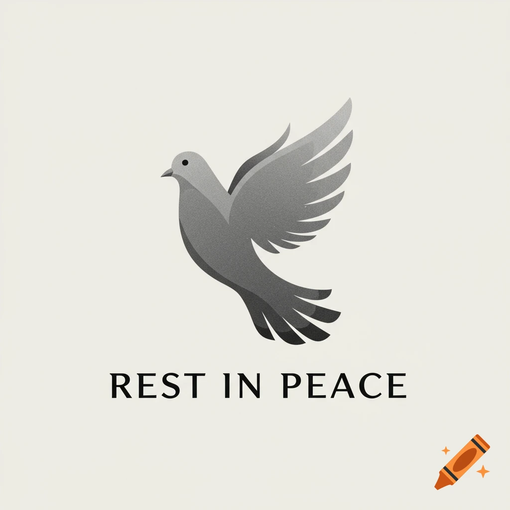 A stylized gray dove in flight above the words "REST IN PEACE".