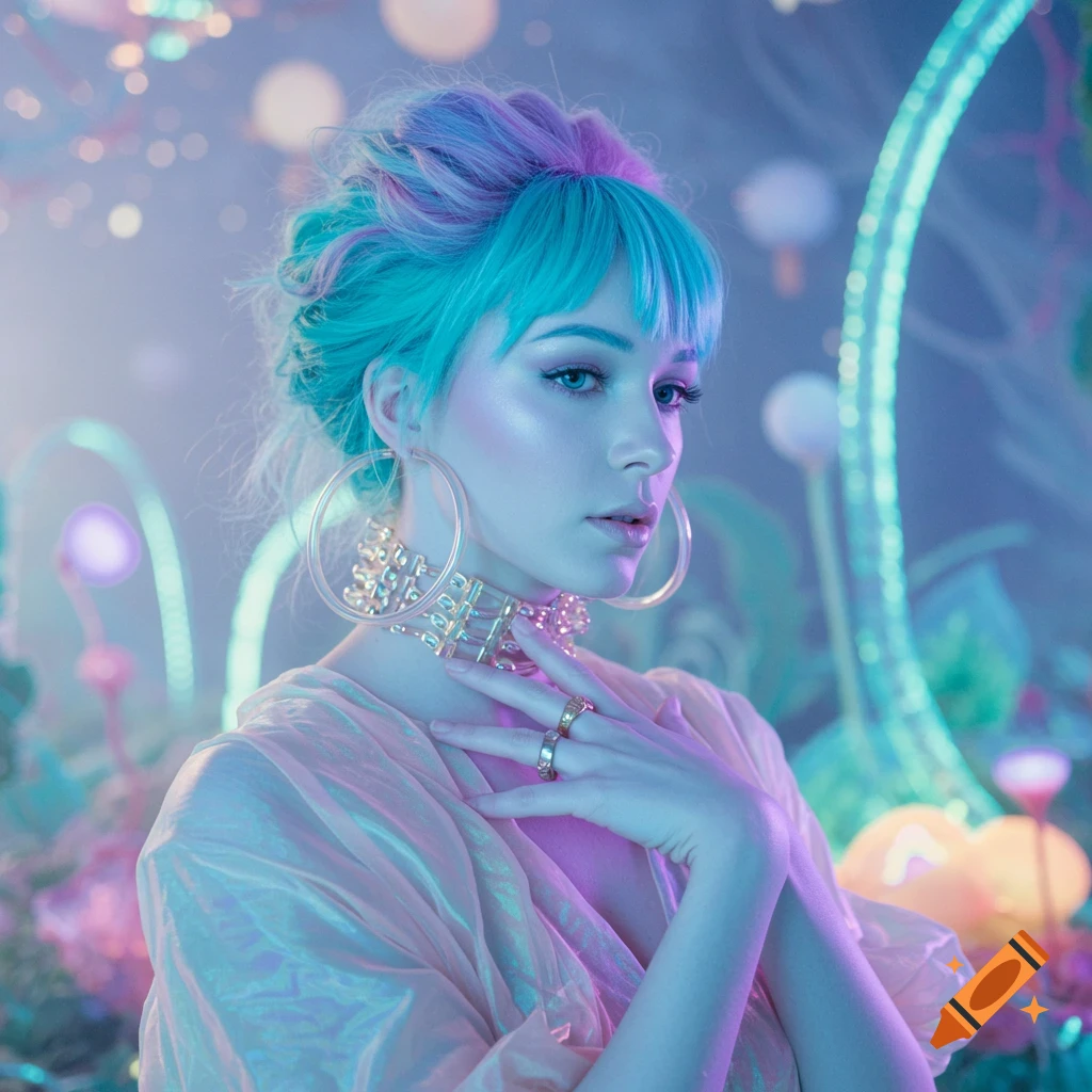 Portrait of a person with blue and purple hair and large jewelry in a glowing fantasy setting