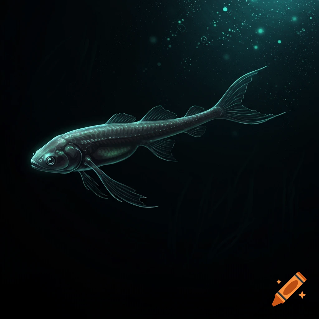 A glowing semi-transparent fish swimming in dark water.