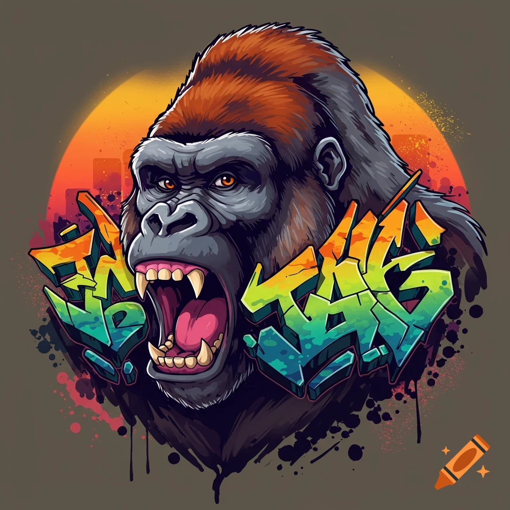 Stylized illustration of a roaring gorilla head with graffiti text around it.