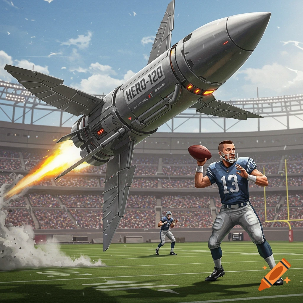 A football player throwing a missile labeled "HERO-120" in a stadium.
