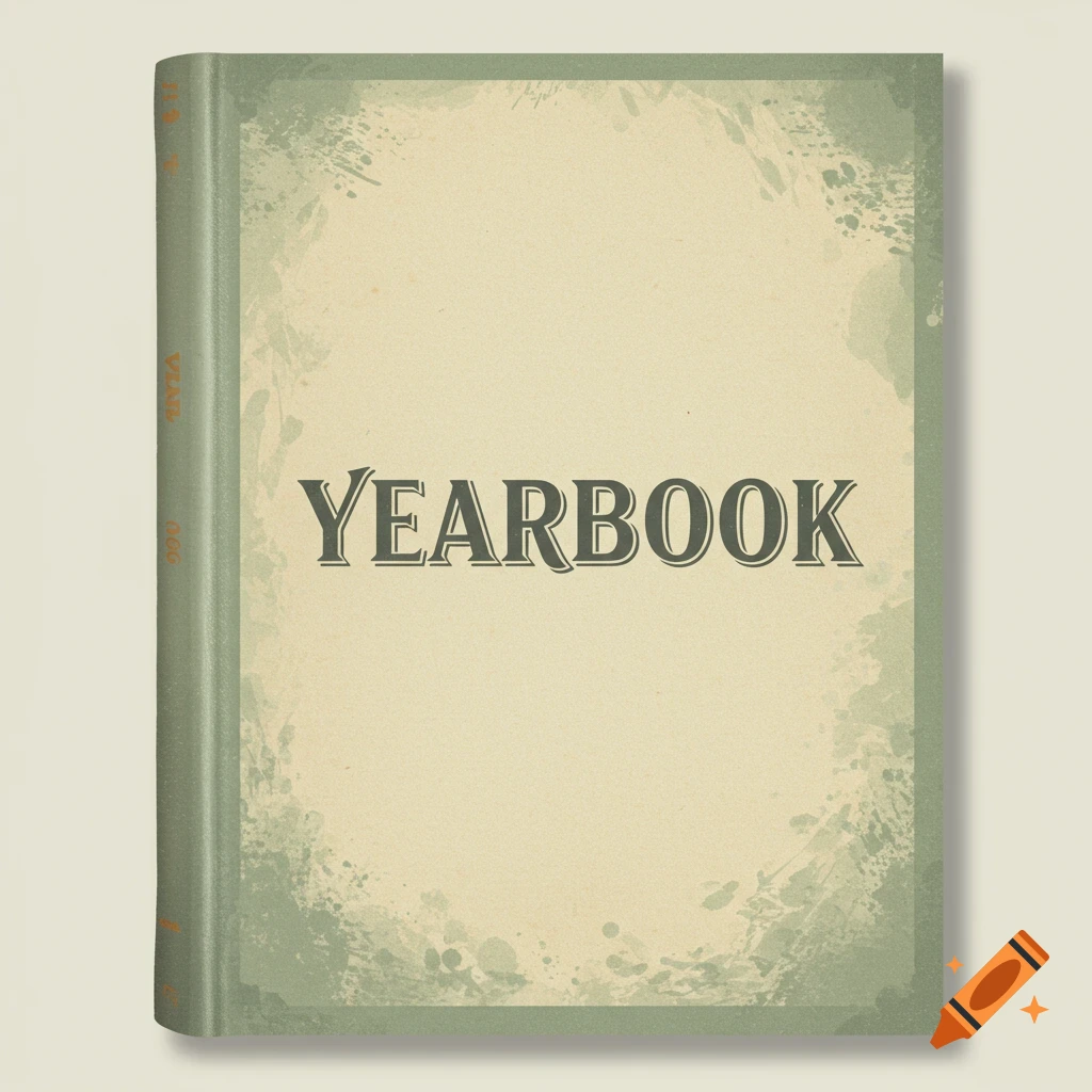 A retro-style yearbook cover with a sage and cream color scheme and the word YEARBOOK in large letters.