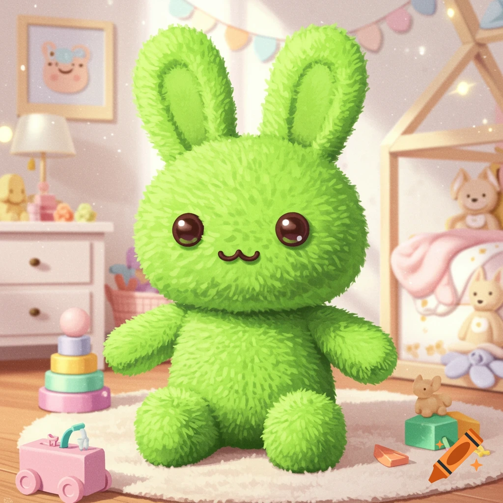 A cute green fluffy stuffed bunny sits in a child's room surrounded by pastel toys.
