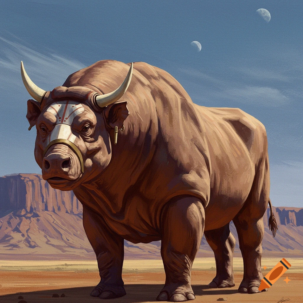 A large muscular bull-like creature with tribal markings stands in a desert landscape under a sky with two moons.