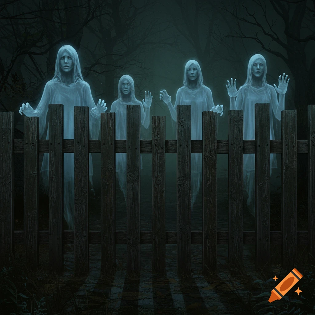 Transparent ghosts are behind a wooden fence at night, hands raised.