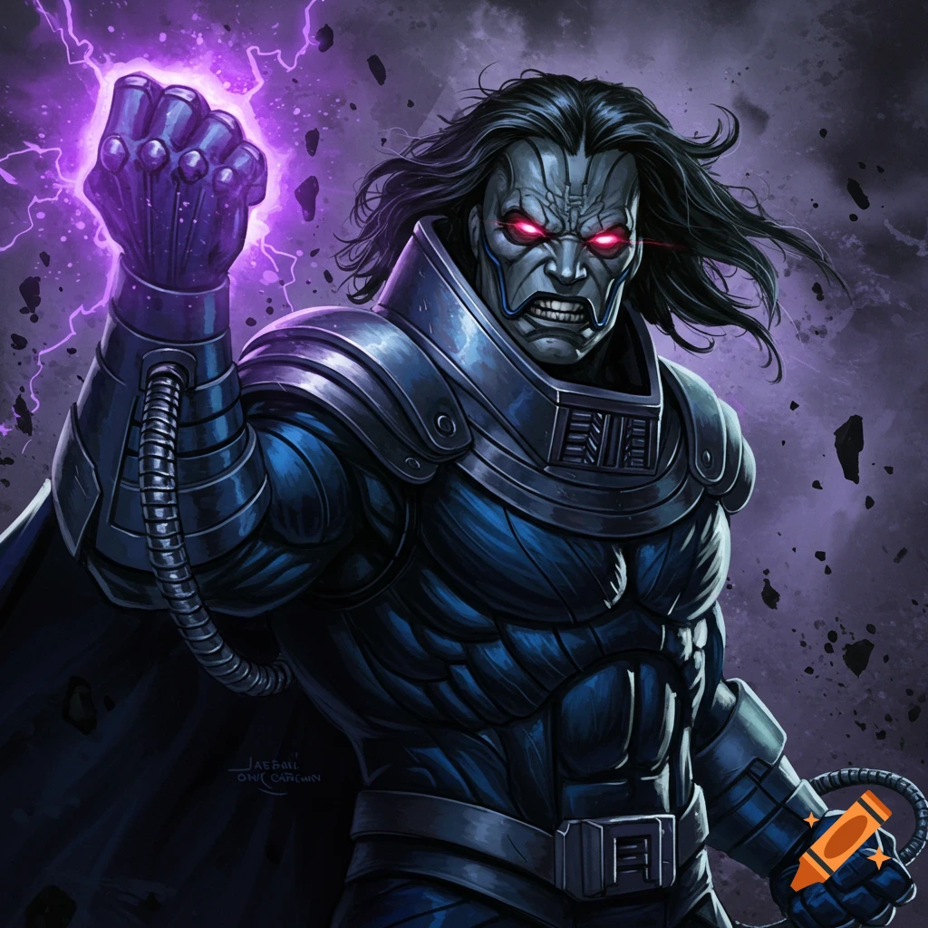 Apocalypse in armor raising a glowing purple fist