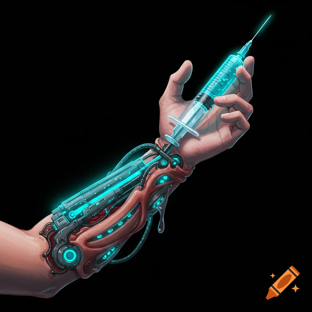 A hand holds a syringe attached to a sci-fi cybernetic arm.