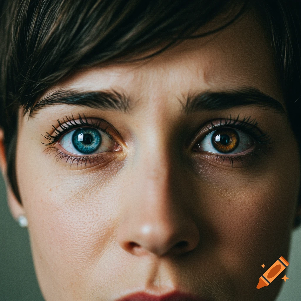 Close-up portrait of a person with one blue eye and one brown eye.