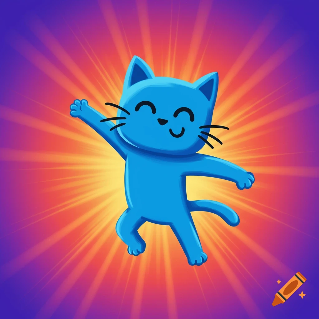 A blue cartoon cat with whiskers smiles and reaches up against a bright radial background.