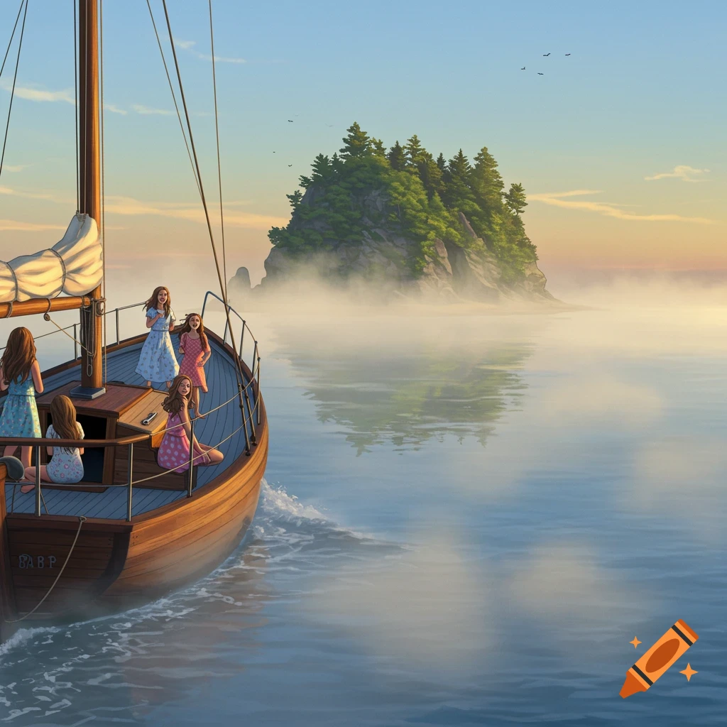 Painterly illustration of girls on a sailboat nearing a foggy island at sunset.