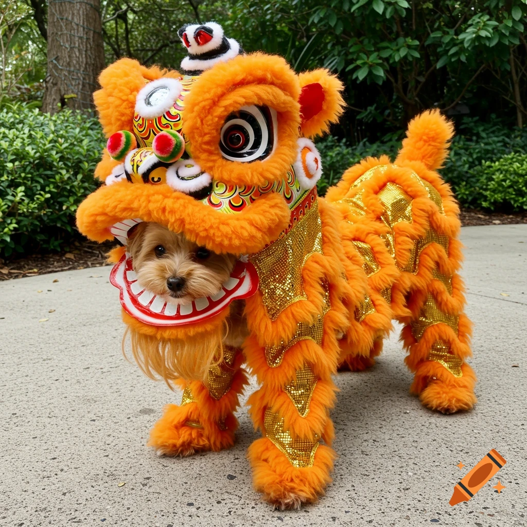 Maltipoo dog in golden Chinese lion dance costume, outdoor setting on ...