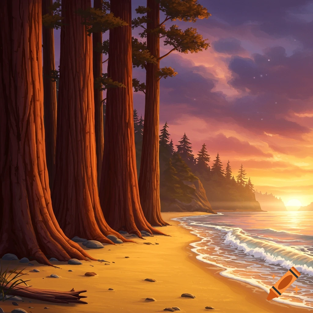 Giant redwood trees on a beach at sunset.