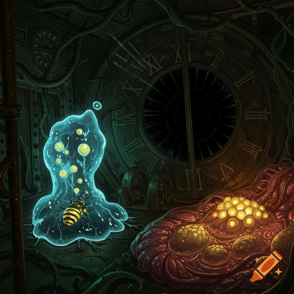 A dark room contains glowing alien slime and fleshy masses. A bee-like creature is also in the room, near a large clock face.