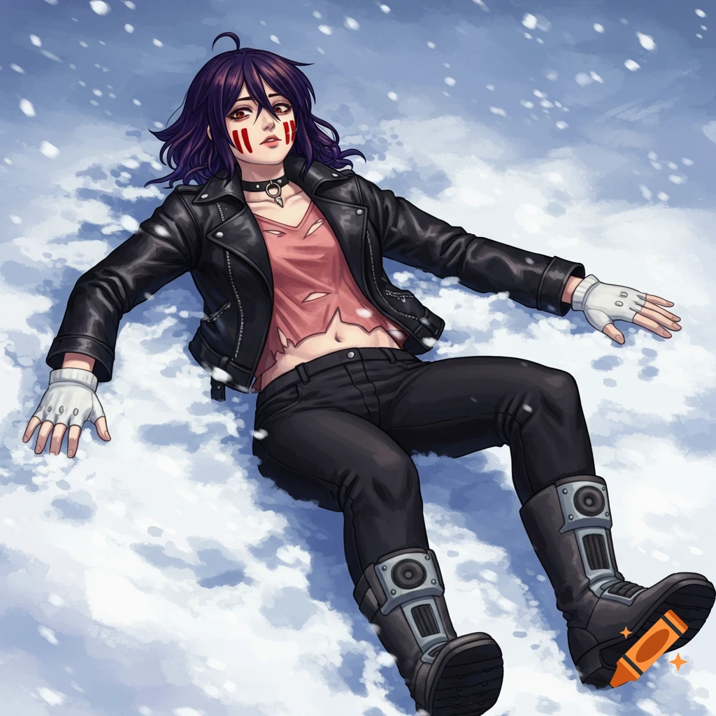 Anime girl with purple hair and red face marks, wearing a leather jacket, lying in the snow.