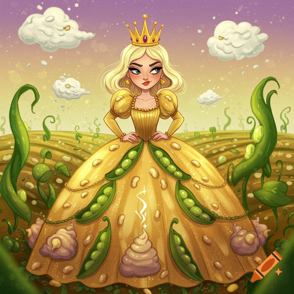 A blonde princess in a golden dress decorated with peas and beans, wearing a crown, standing in a field with beanstalks.